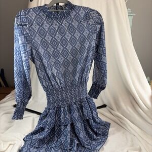 Pleat Halston Dress Blue Geometric Smocked Waist/Sleeves Ruffle Layered Size 12